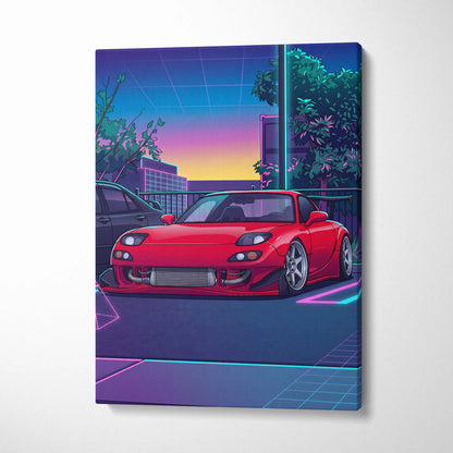 Mazda FD RX7 Inspired Vaporwave Car Canvas - Vaporwave Car Artwork Neon Pink Teal Living Room Retro Energetic Nostalgia Wall Art Canvas