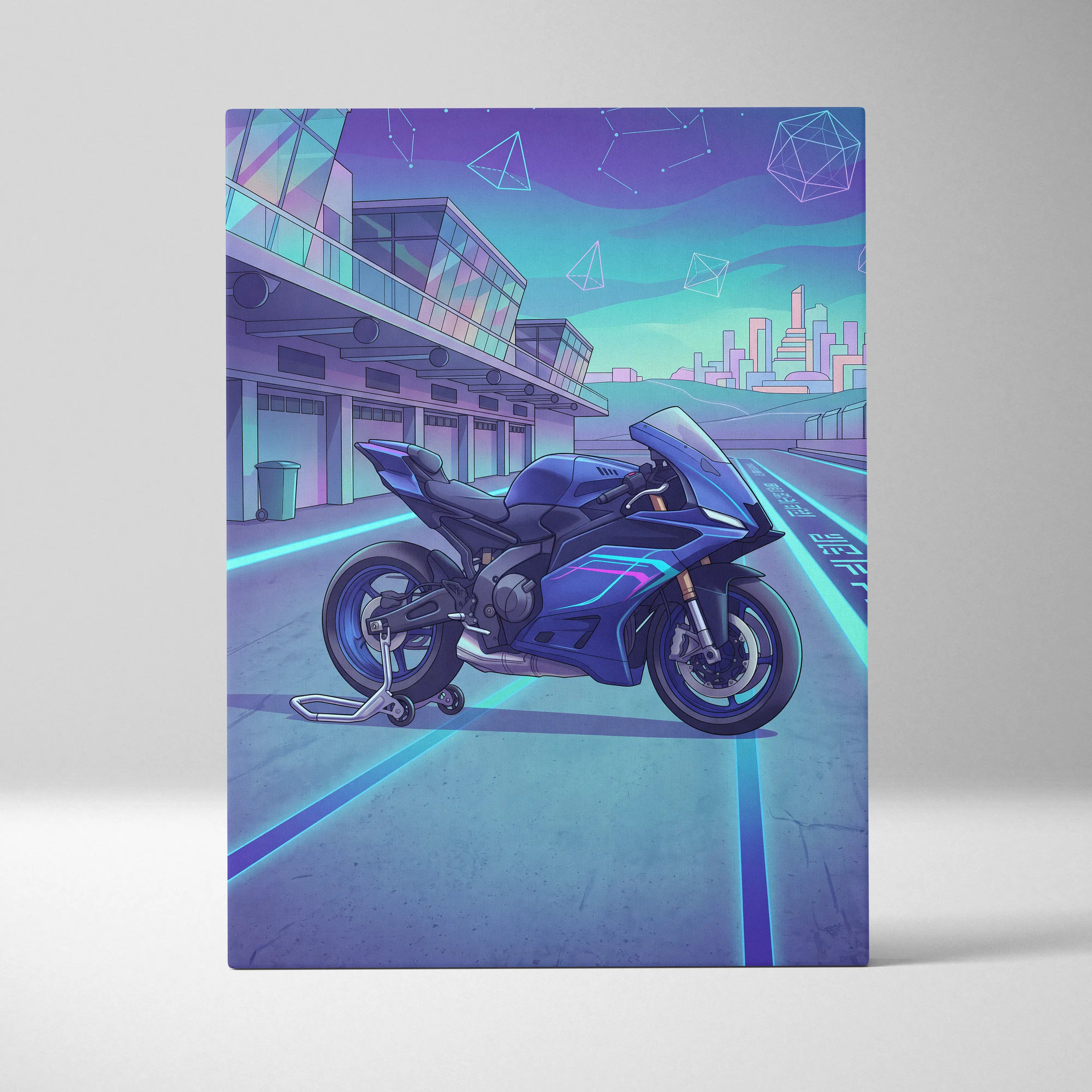 Yamaha YZF-R9 Inspired Blue Teal Vaporwave Motorcycle Canvas Wall Art Neon Pit Lane Sportbike Artwork Futuristic Garage Decor