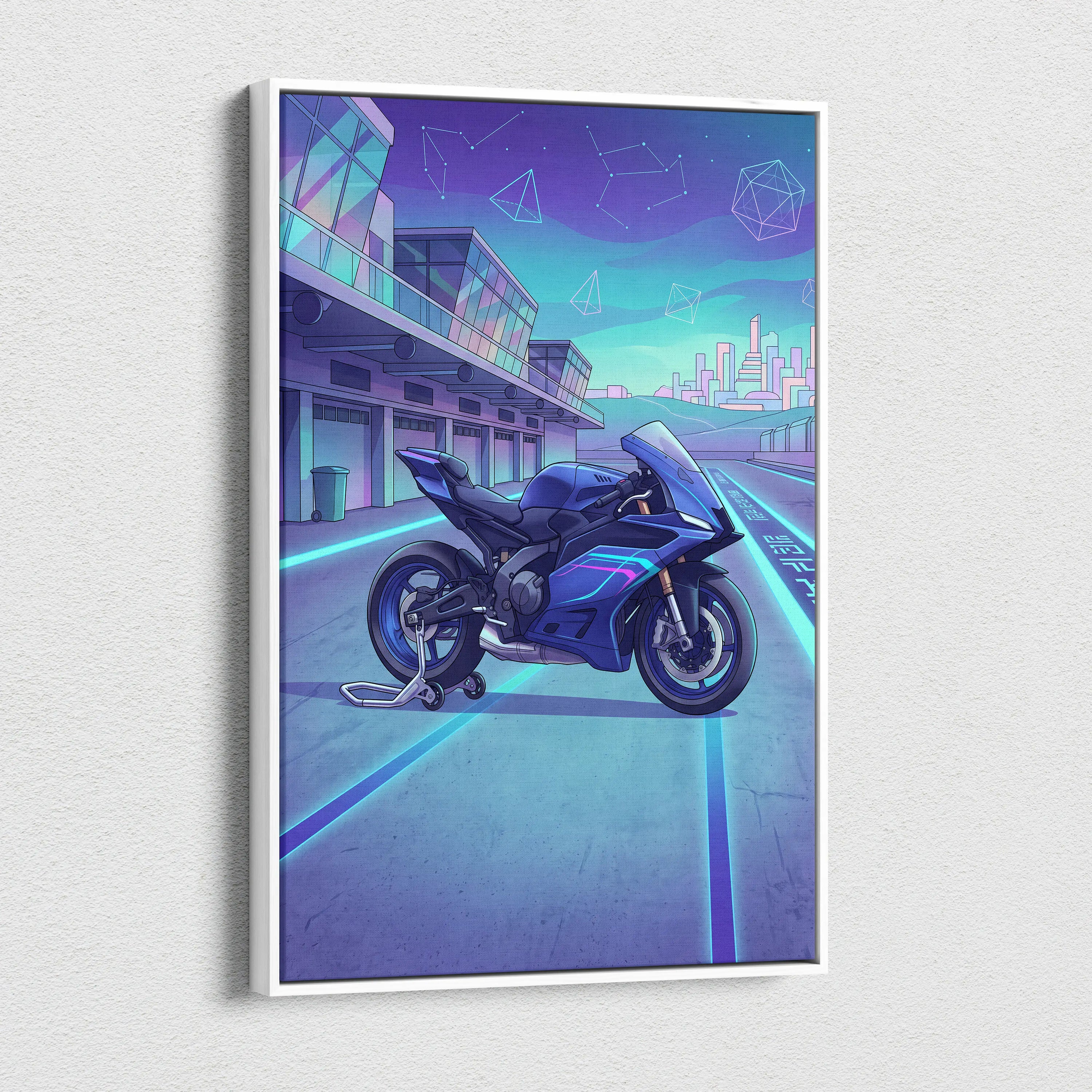Yamaha YZF-R9 Inspired Blue Teal Vaporwave Motorcycle Canvas Wall Art Neon Pit Lane Sportbike Artwork Futuristic Garage Decor