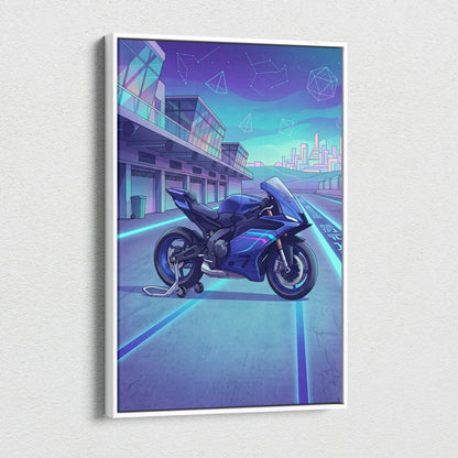 Yamaha YZF-R9 Inspired Blue Teal Vaporwave Motorcycle Canvas Wall Art Neon Pit Lane Sportbike Artwork Futuristic Garage Decor