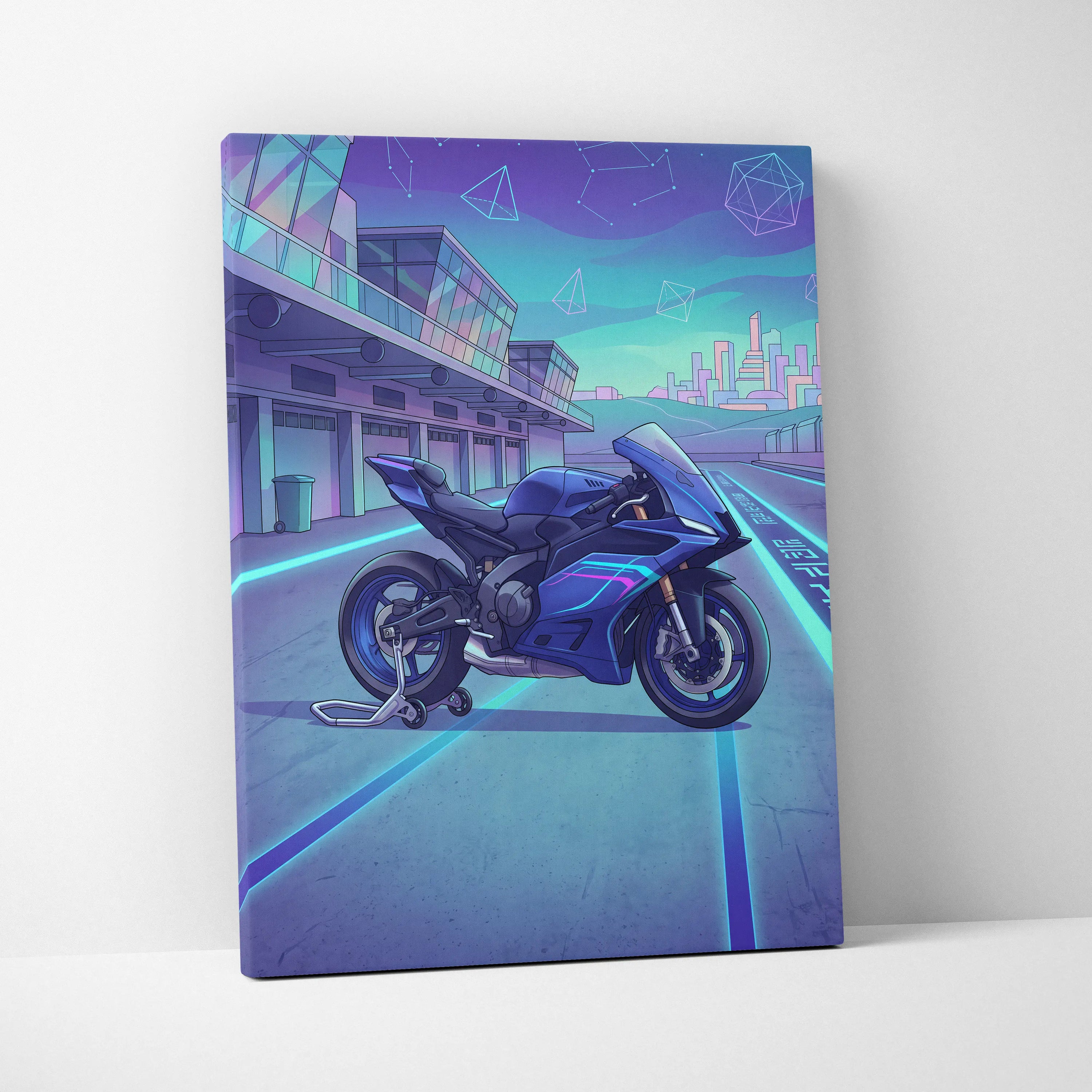 Yamaha YZF-R9 Inspired Blue Teal Vaporwave Motorcycle Canvas Wall Art Neon Pit Lane Sportbike Artwork Futuristic Garage Decor