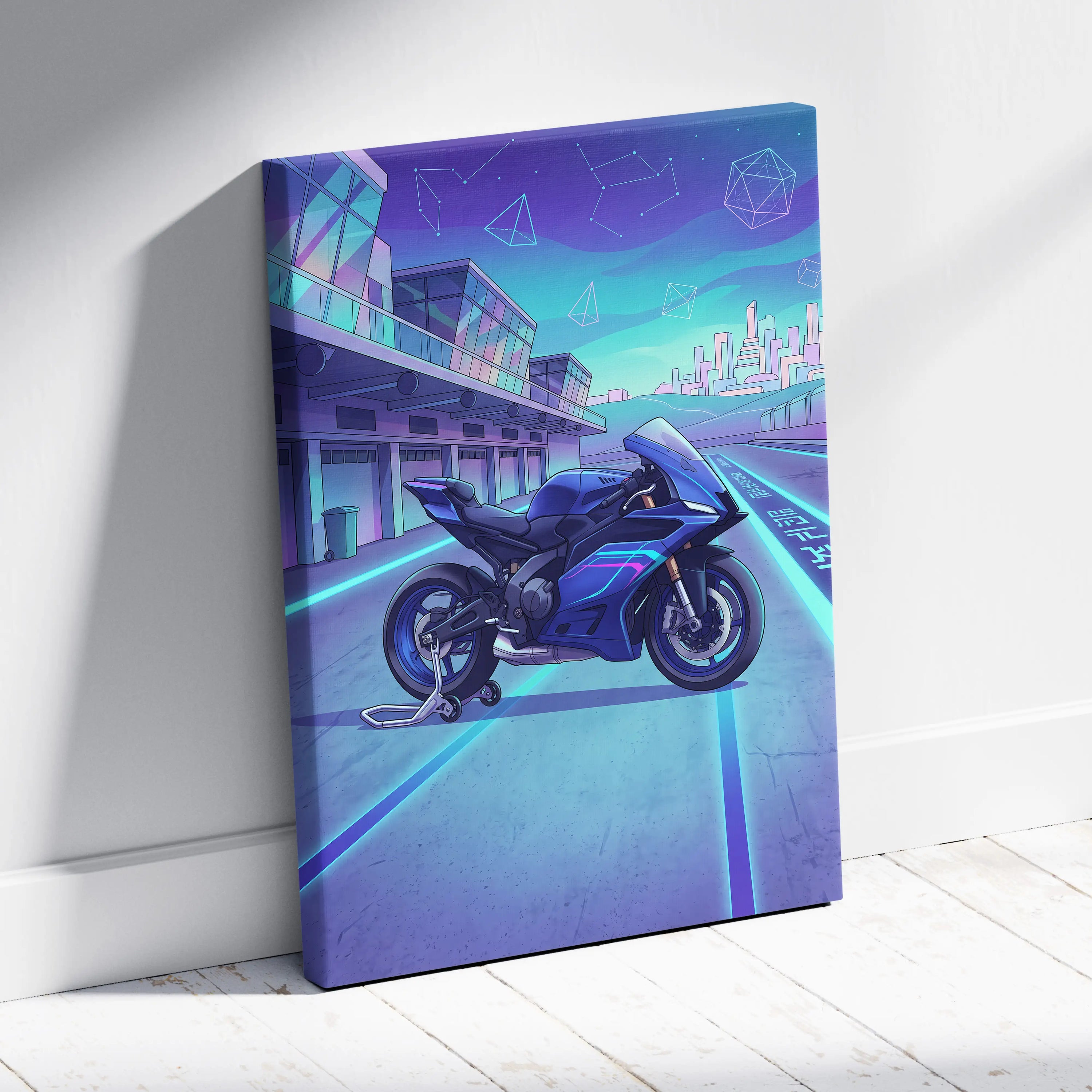 Yamaha YZF-R9 Inspired Blue Teal Vaporwave Motorcycle Canvas Wall Art Neon Pit Lane Sportbike Artwork Futuristic Garage Decor