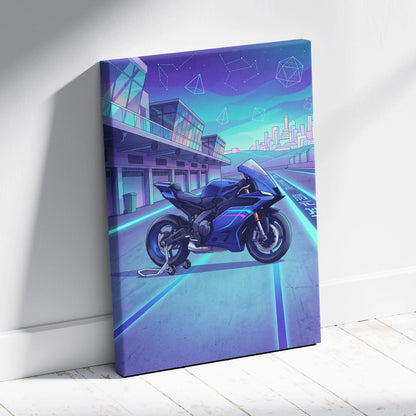 Yamaha YZF-R9 Inspired Blue Teal Vaporwave Motorcycle Canvas Wall Art Neon Pit Lane Sportbike Artwork Futuristic Garage Decor