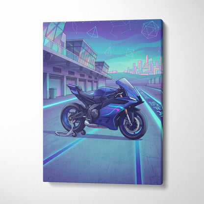 Yamaha YZF-R9 Inspired Blue Teal Vaporwave Motorcycle Canvas Wall Art Neon Pit Lane Sportbike Artwork Futuristic Garage Decor