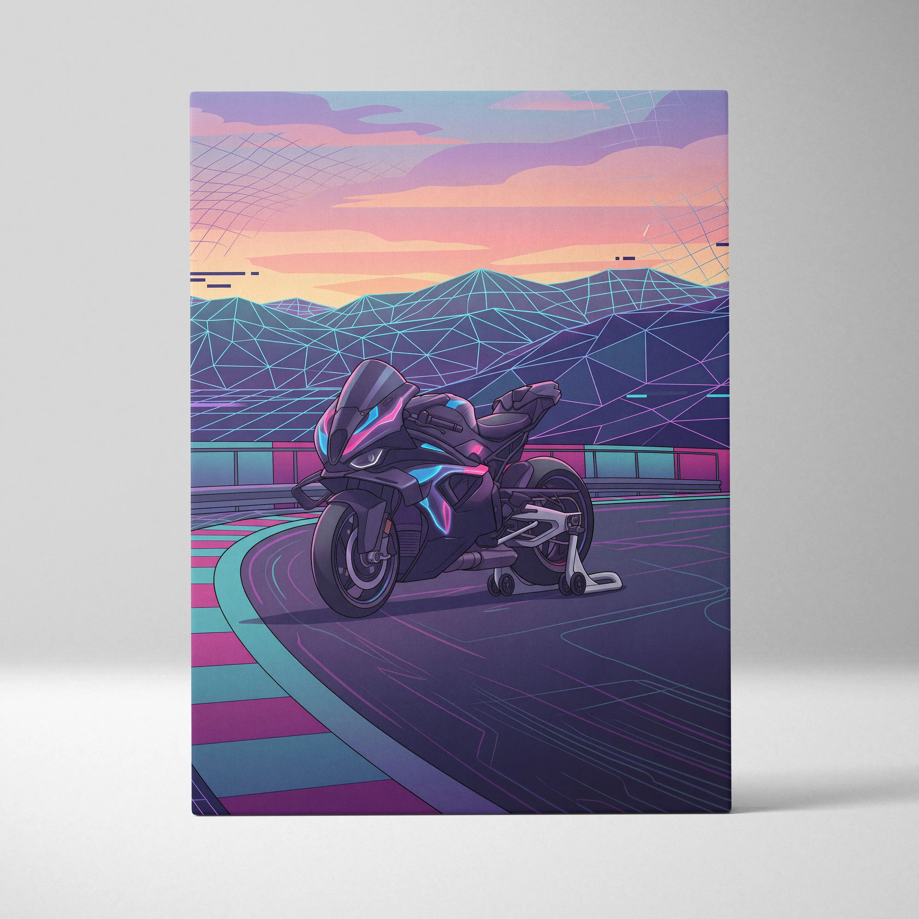 BMW M1000RR Inspired Black Purple Motorcycle Canvas Wall Art Vaporwave Neon Track Sportbike Garage Decor Futuristic Racing Artwork
