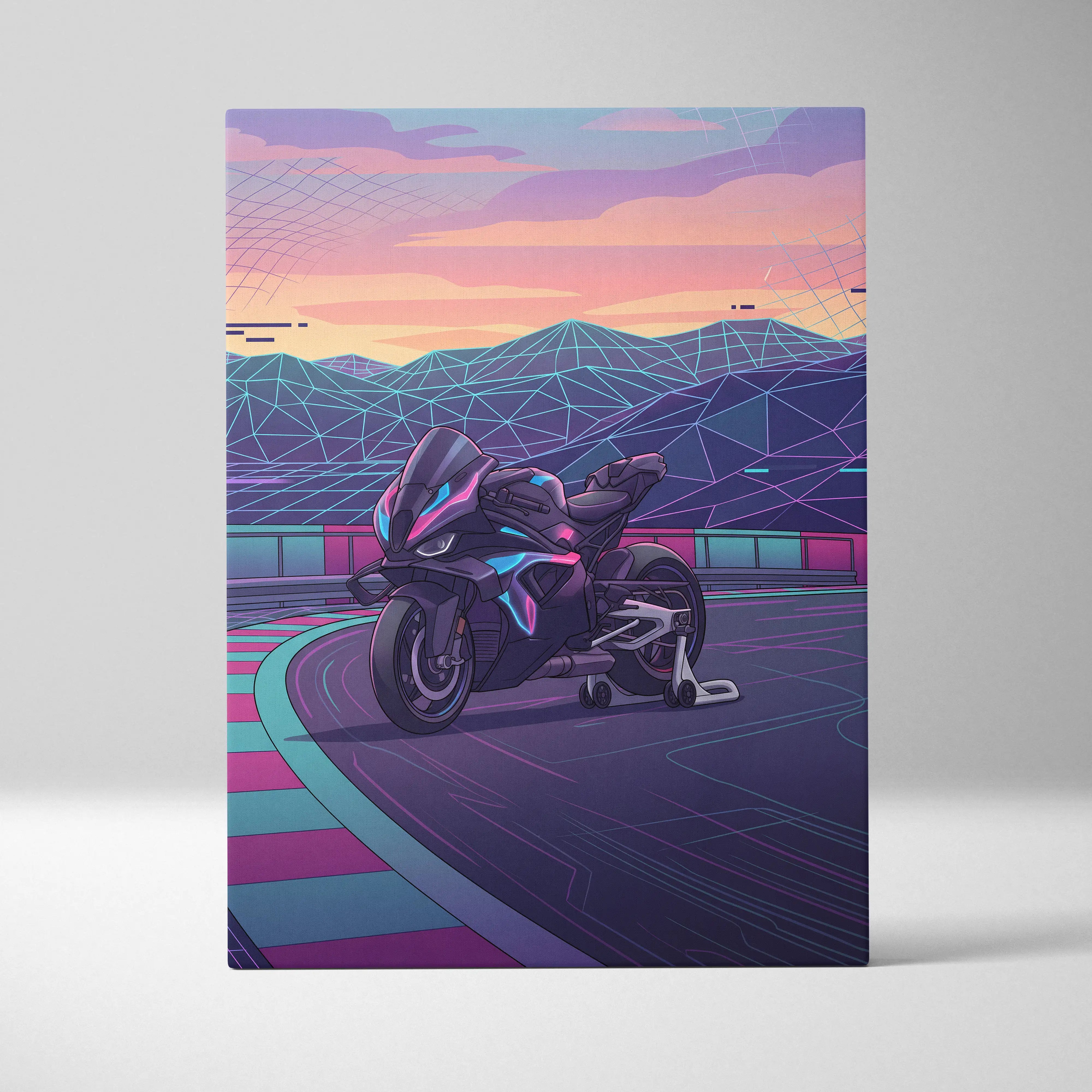 BMW M1000RR Inspired Black Purple Motorcycle Canvas Wall Art Vaporwave Neon Track Sportbike Garage Decor Futuristic Racing Artwork