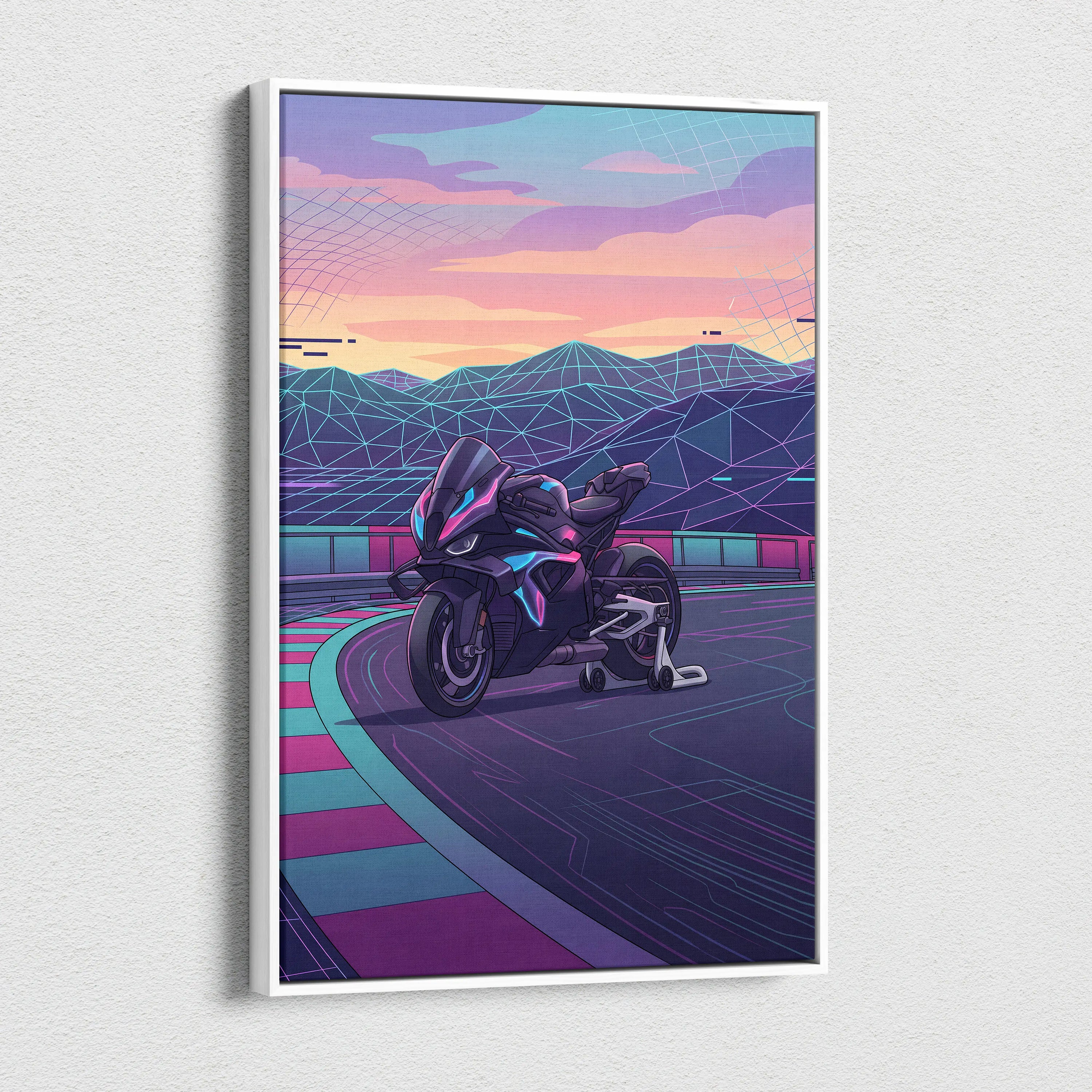 BMW M1000RR Inspired Black Purple Motorcycle Canvas Wall Art Vaporwave Neon Track Sportbike Garage Decor Futuristic Racing Artwork