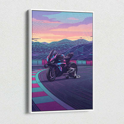 BMW M1000RR Inspired Black Purple Motorcycle Canvas Wall Art Vaporwave Neon Track Sportbike Garage Decor Futuristic Racing Artwork
