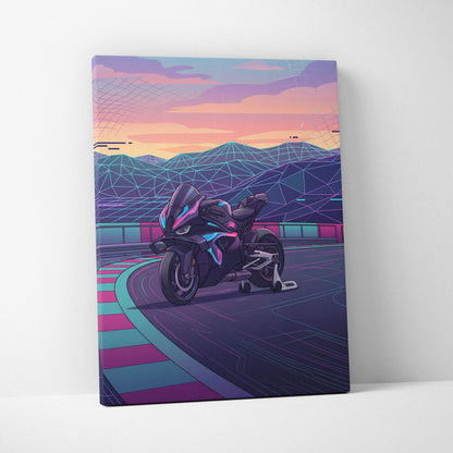BMW M1000RR Inspired Black Purple Motorcycle Canvas Wall Art Vaporwave Neon Track Sportbike Garage Decor Futuristic Racing Artwork