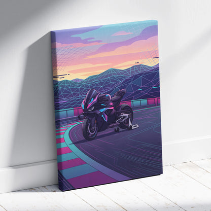 BMW M1000RR Inspired Black Purple Motorcycle Canvas Wall Art Vaporwave Neon Track Sportbike Garage Decor Futuristic Racing Artwork