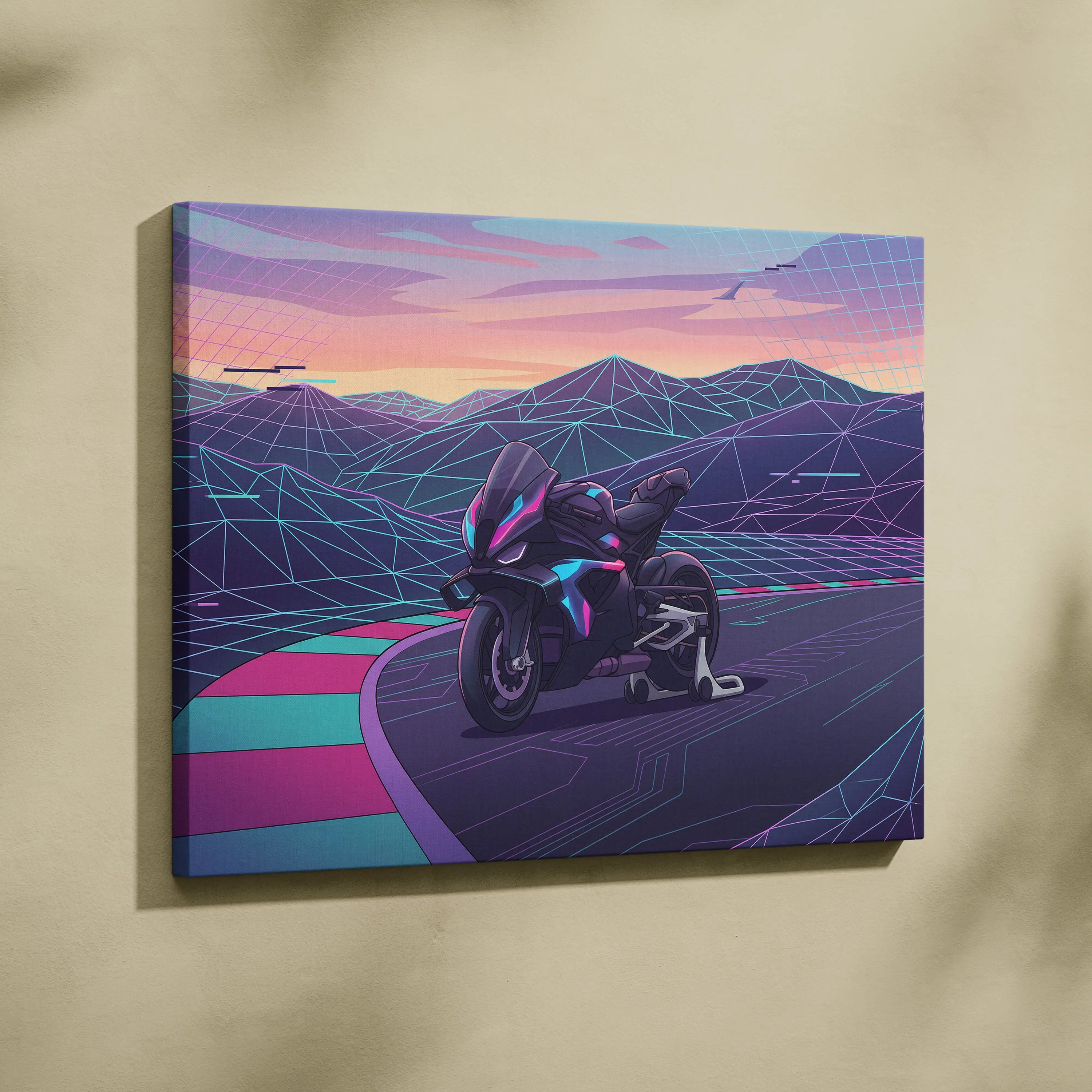 BMW M1000RR Inspired Black Purple Motorcycle Canvas Wall Art Vaporwave Neon Track Sportbike Garage Decor Futuristic Racing Artwork