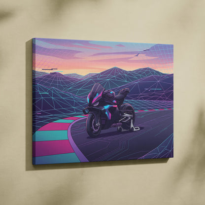BMW M1000RR Inspired Black Purple Motorcycle Canvas Wall Art Vaporwave Neon Track Sportbike Garage Decor Futuristic Racing Artwork