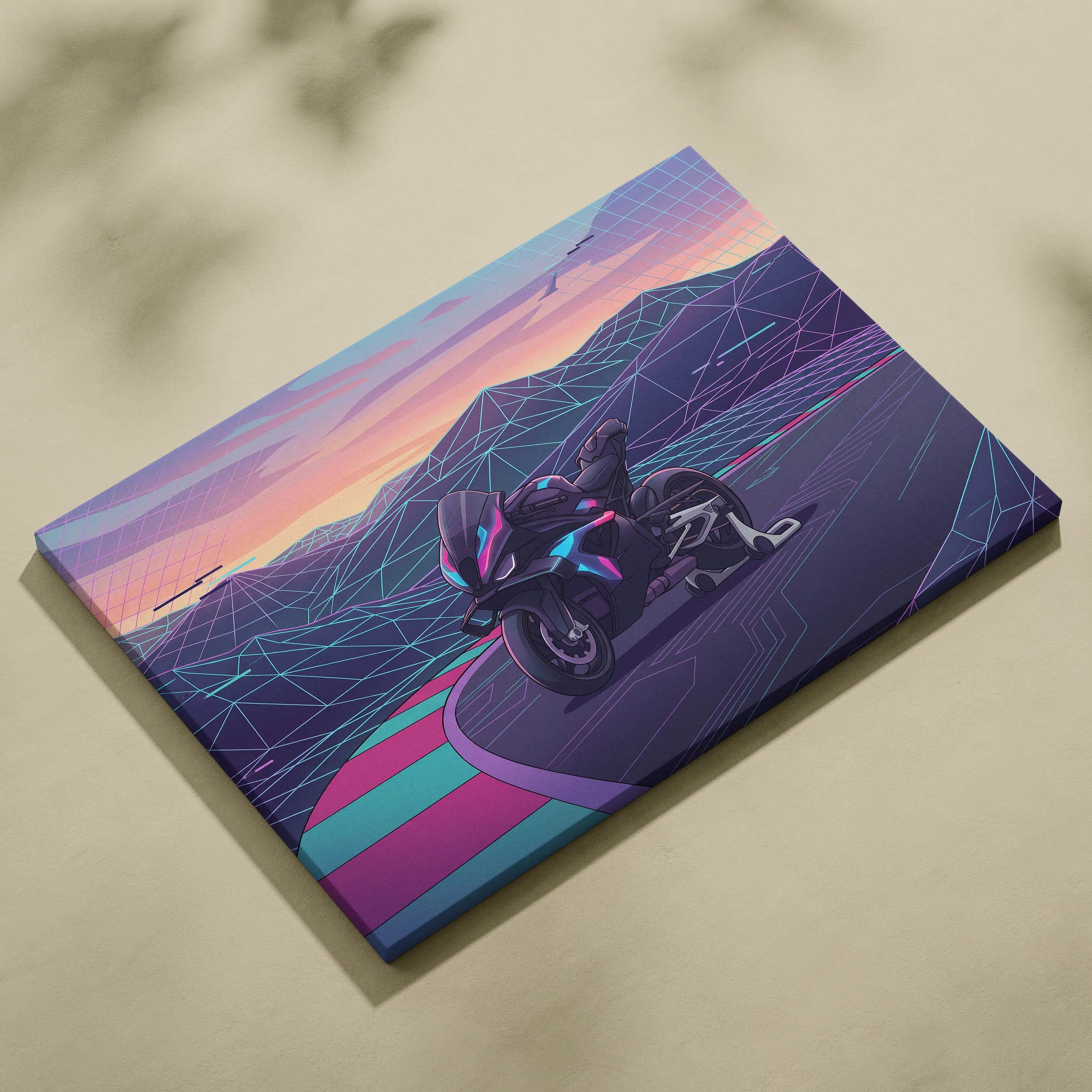 BMW M1000RR Inspired Black Purple Motorcycle Canvas Wall Art Vaporwave Neon Track Sportbike Garage Decor Futuristic Racing Artwork