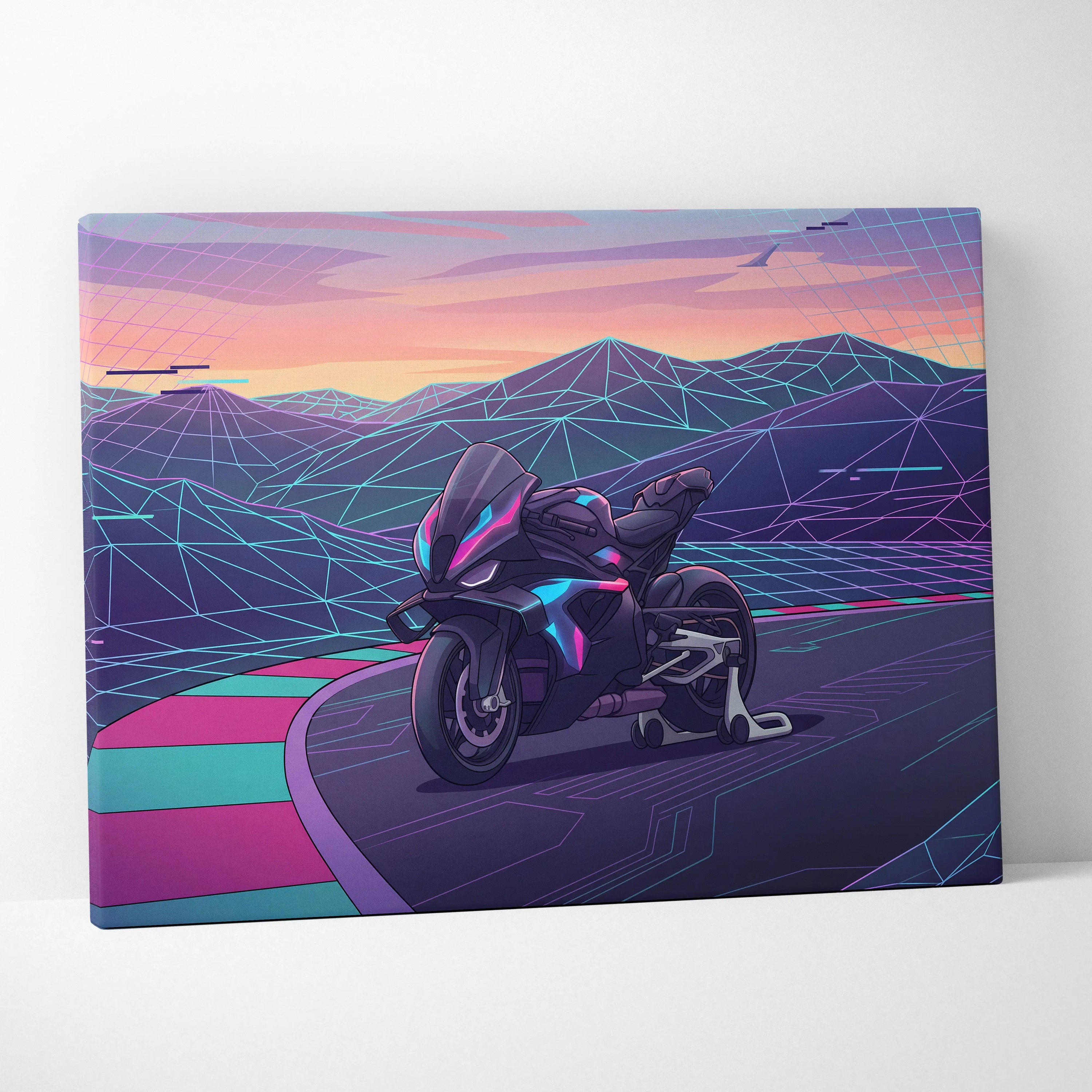 BMW M1000RR Inspired Black Purple Motorcycle Canvas Wall Art Vaporwave Neon Track Sportbike Garage Decor Futuristic Racing Artwork