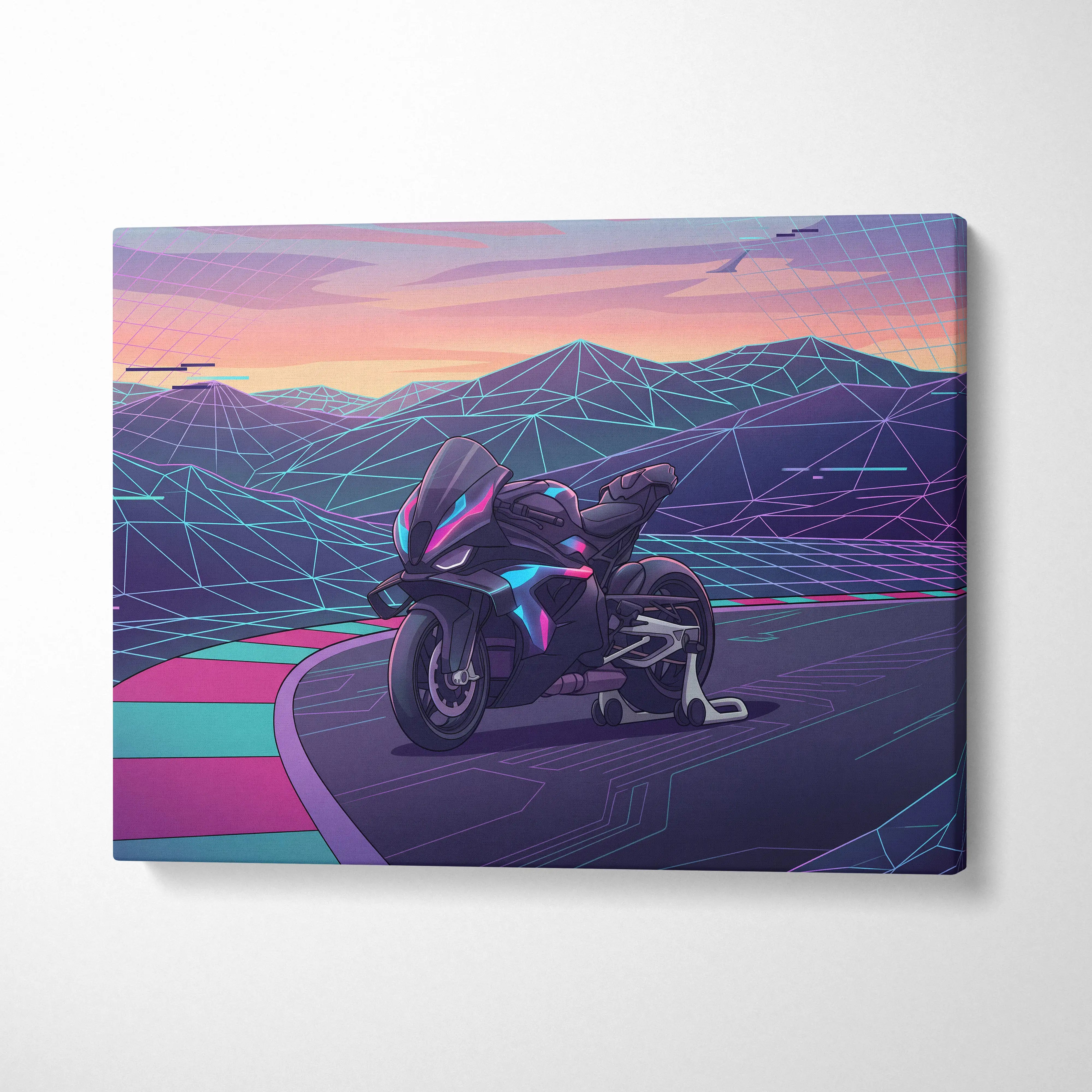 BMW M1000RR Inspired Black Purple Motorcycle Canvas Wall Art Vaporwave Neon Track Sportbike Garage Decor Futuristic Racing Artwork