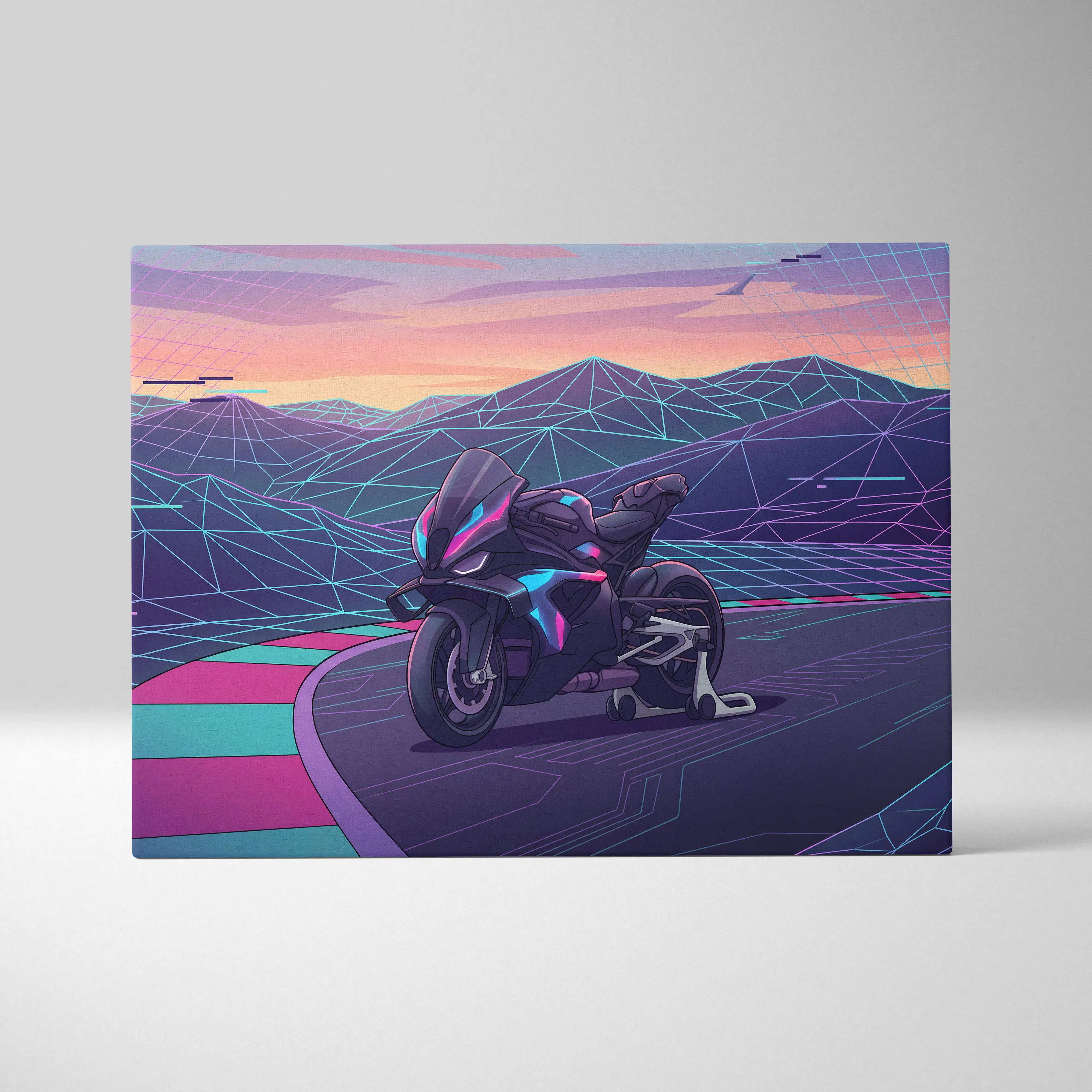 BMW M1000RR Inspired Black Purple Motorcycle Canvas Wall Art Vaporwave Neon Track Sportbike Garage Decor Futuristic Racing Artwork