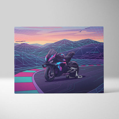 BMW M1000RR Inspired Black Purple Motorcycle Canvas Wall Art Vaporwave Neon Track Sportbike Garage Decor Futuristic Racing Artwork