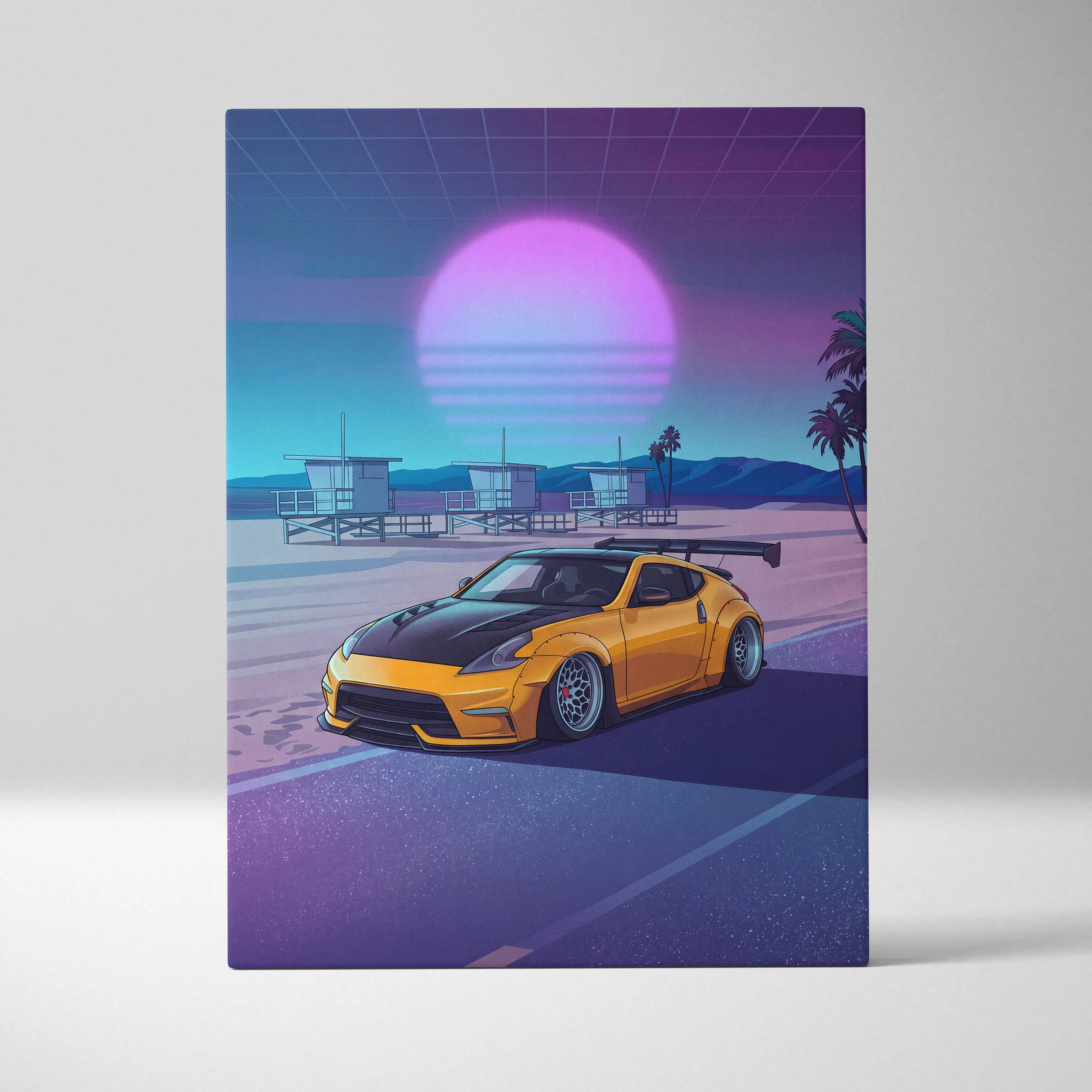 Nissan 370Z Inspired Yellow Purple Beach Canvas Wall Art Vaporwave JDM Car Artwork, Neon Sunset Coastal Garage Decor Retro Futuristic Print