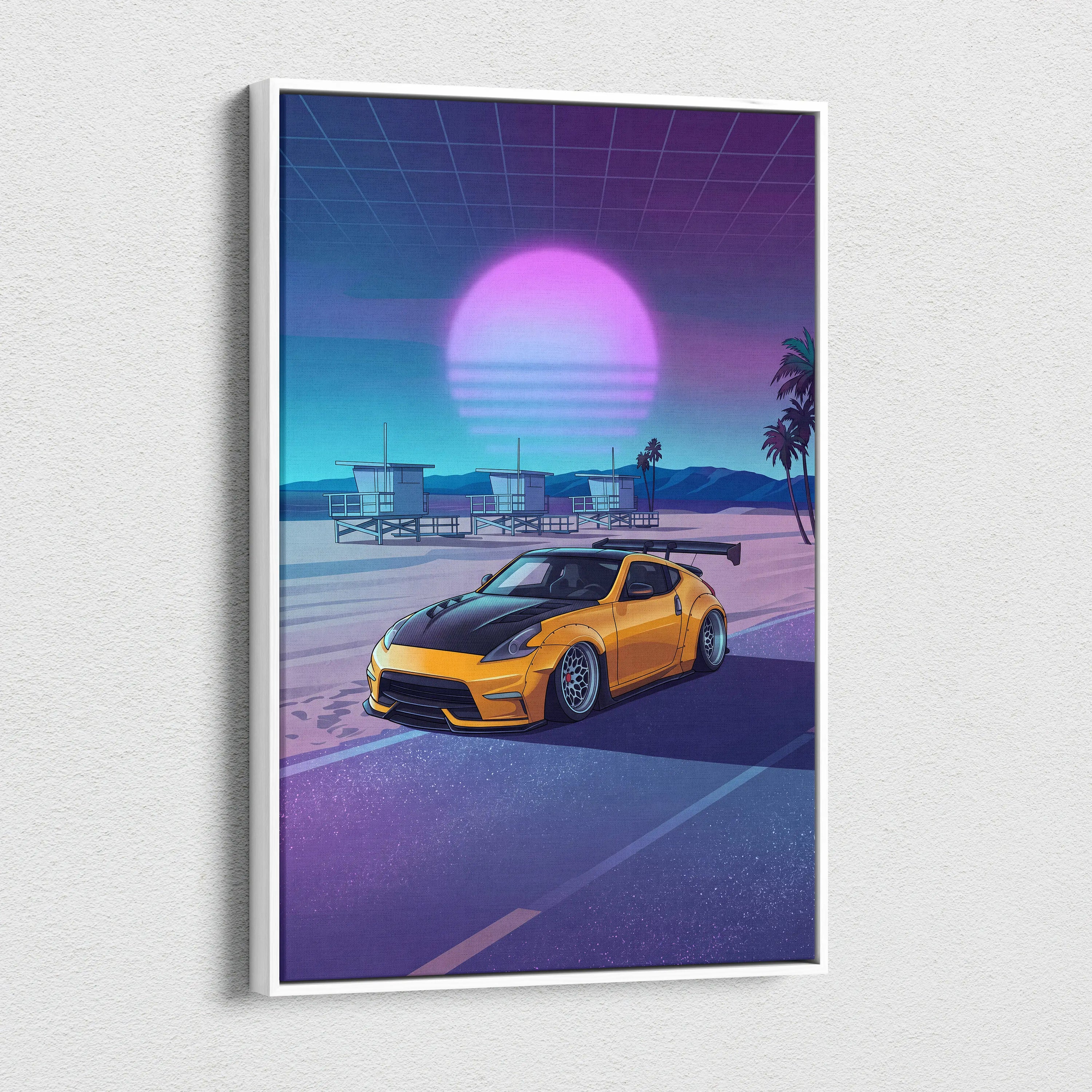Nissan 370Z Inspired Yellow Purple Beach Canvas Wall Art Vaporwave JDM Car Artwork, Neon Sunset Coastal Garage Decor Retro Futuristic Print