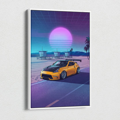 Nissan 370Z Inspired Yellow Purple Beach Canvas Wall Art Vaporwave JDM Car Artwork, Neon Sunset Coastal Garage Decor Retro Futuristic Print