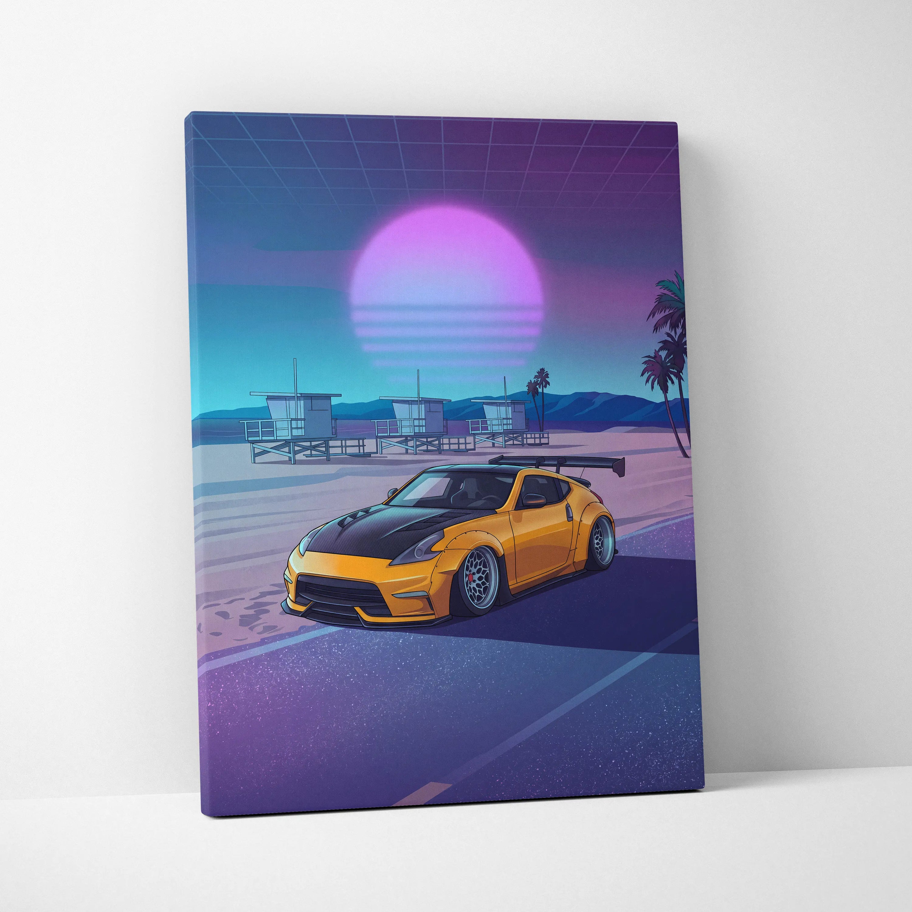 Nissan 370Z Inspired Yellow Purple Beach Canvas Wall Art Vaporwave JDM Car Artwork, Neon Sunset Coastal Garage Decor Retro Futuristic Print