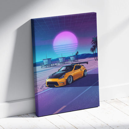 Nissan 370Z Inspired Yellow Purple Beach Canvas Wall Art Vaporwave JDM Car Artwork, Neon Sunset Coastal Garage Decor Retro Futuristic Print