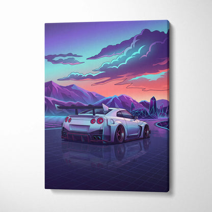 Nissan GT-R Inspired White Purple Mountain Canvas Wall Art Vaporwave JDM Car Artwork, Neon Crystal Road Garage Decor Retro Futuristic Print