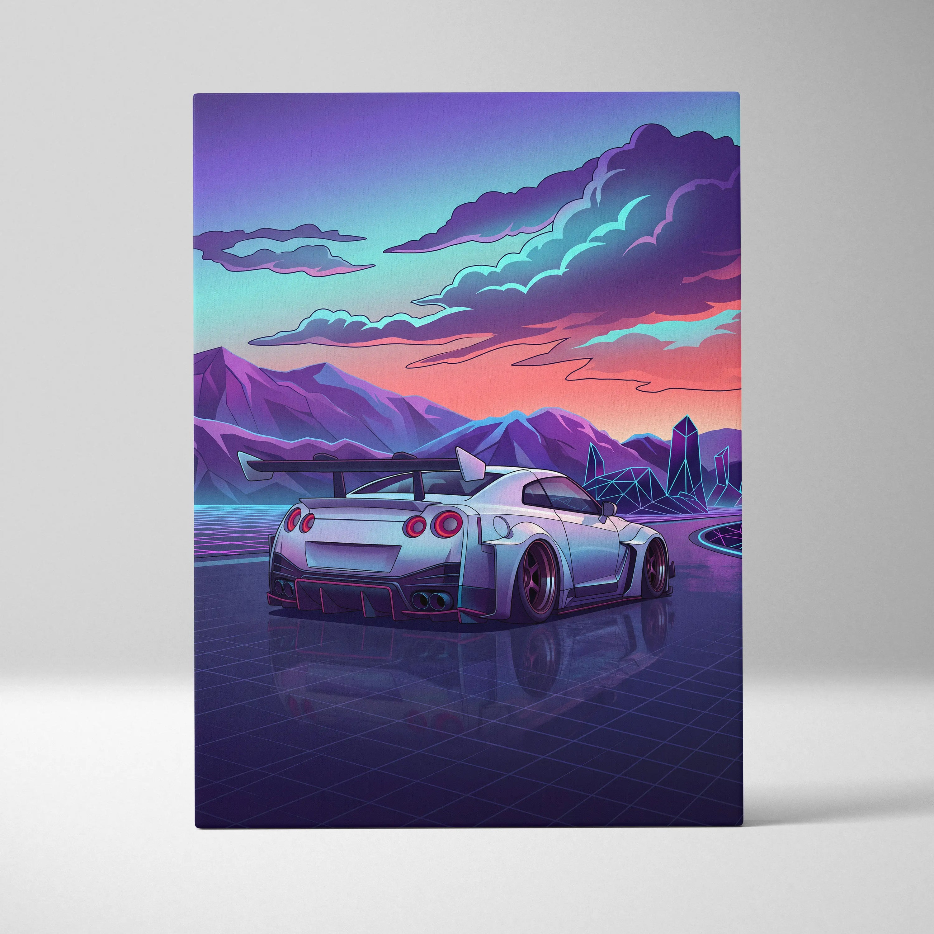 Nissan GT-R Inspired White Purple Mountain Canvas Wall Art Vaporwave JDM Car Artwork, Neon Crystal Road Garage Decor Retro Futuristic Print