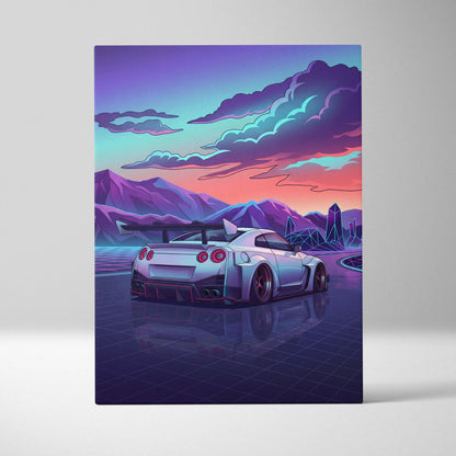 Nissan GT-R Inspired White Purple Mountain Canvas Wall Art Vaporwave JDM Car Artwork, Neon Crystal Road Garage Decor Retro Futuristic Print
