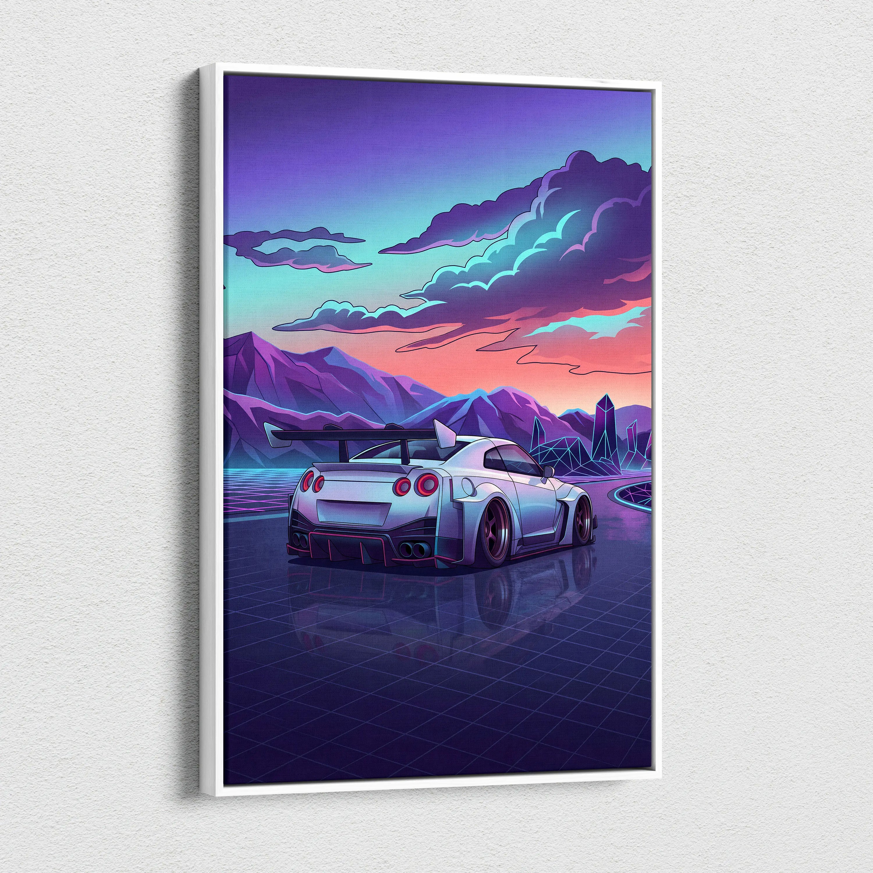 Nissan GT-R Inspired White Purple Mountain Canvas Wall Art Vaporwave JDM Car Artwork, Neon Crystal Road Garage Decor Retro Futuristic Print