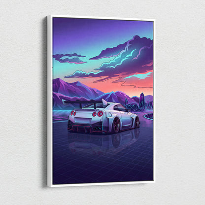 Nissan GT-R Inspired White Purple Mountain Canvas Wall Art Vaporwave JDM Car Artwork, Neon Crystal Road Garage Decor Retro Futuristic Print