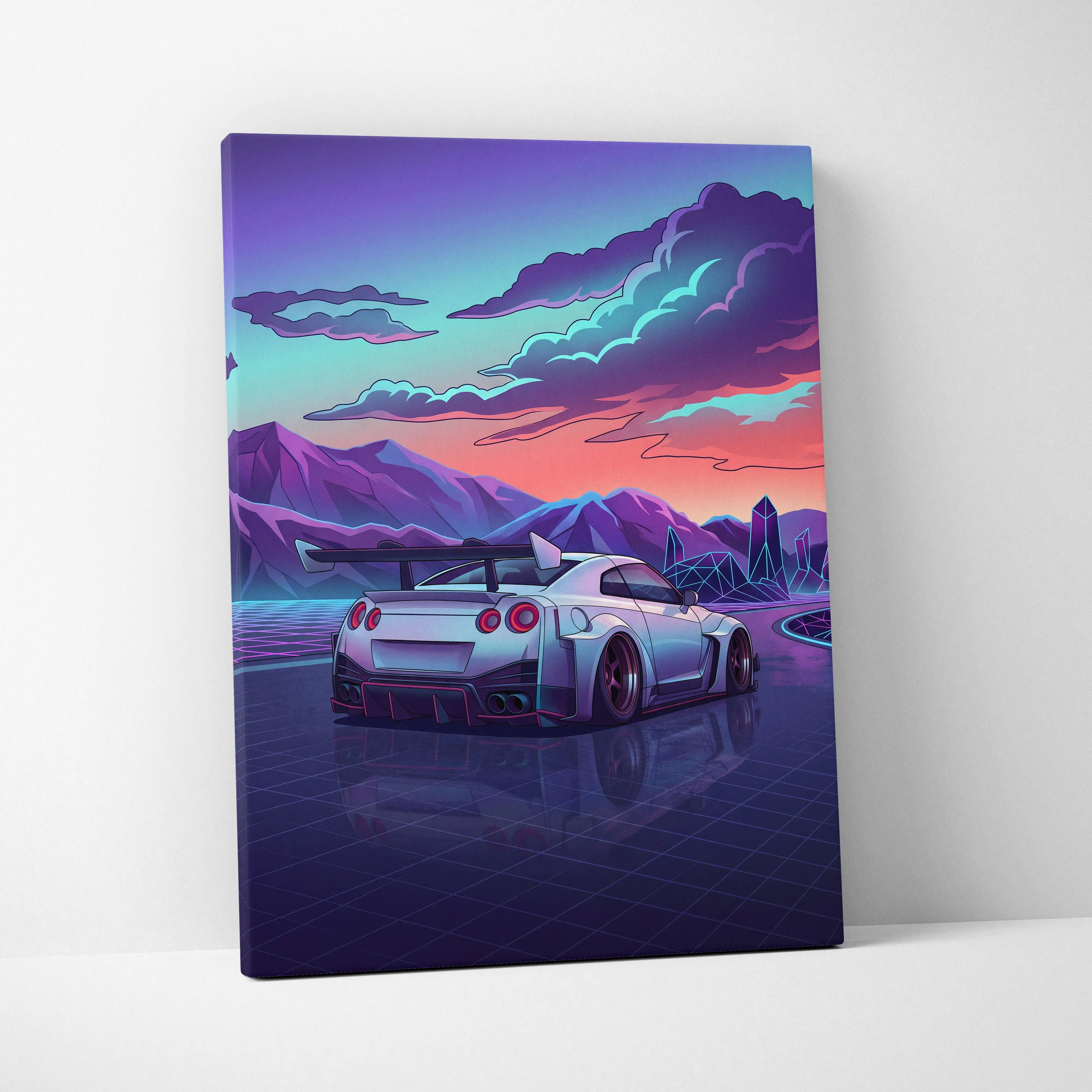 Nissan GT-R Inspired White Purple Mountain Canvas Wall Art Vaporwave JDM Car Artwork, Neon Crystal Road Garage Decor Retro Futuristic Print