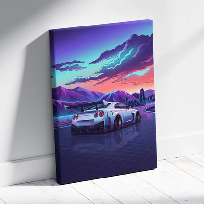Nissan GT-R Inspired White Purple Mountain Canvas Wall Art Vaporwave JDM Car Artwork, Neon Crystal Road Garage Decor Retro Futuristic Print