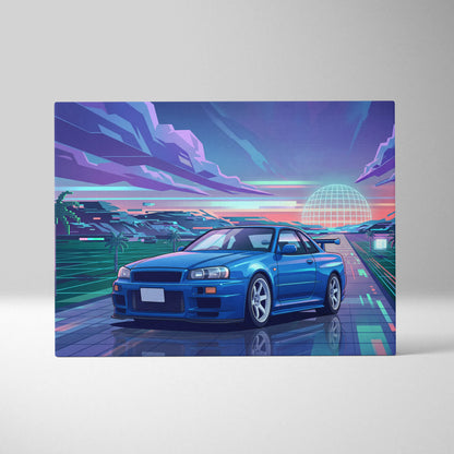 Nissan Skyline GT-R R34 Inspired Blue Purple Canvas Wall Art Vaporwave Neon City JDM Car Artwork, Retro Sunset Garage Decor