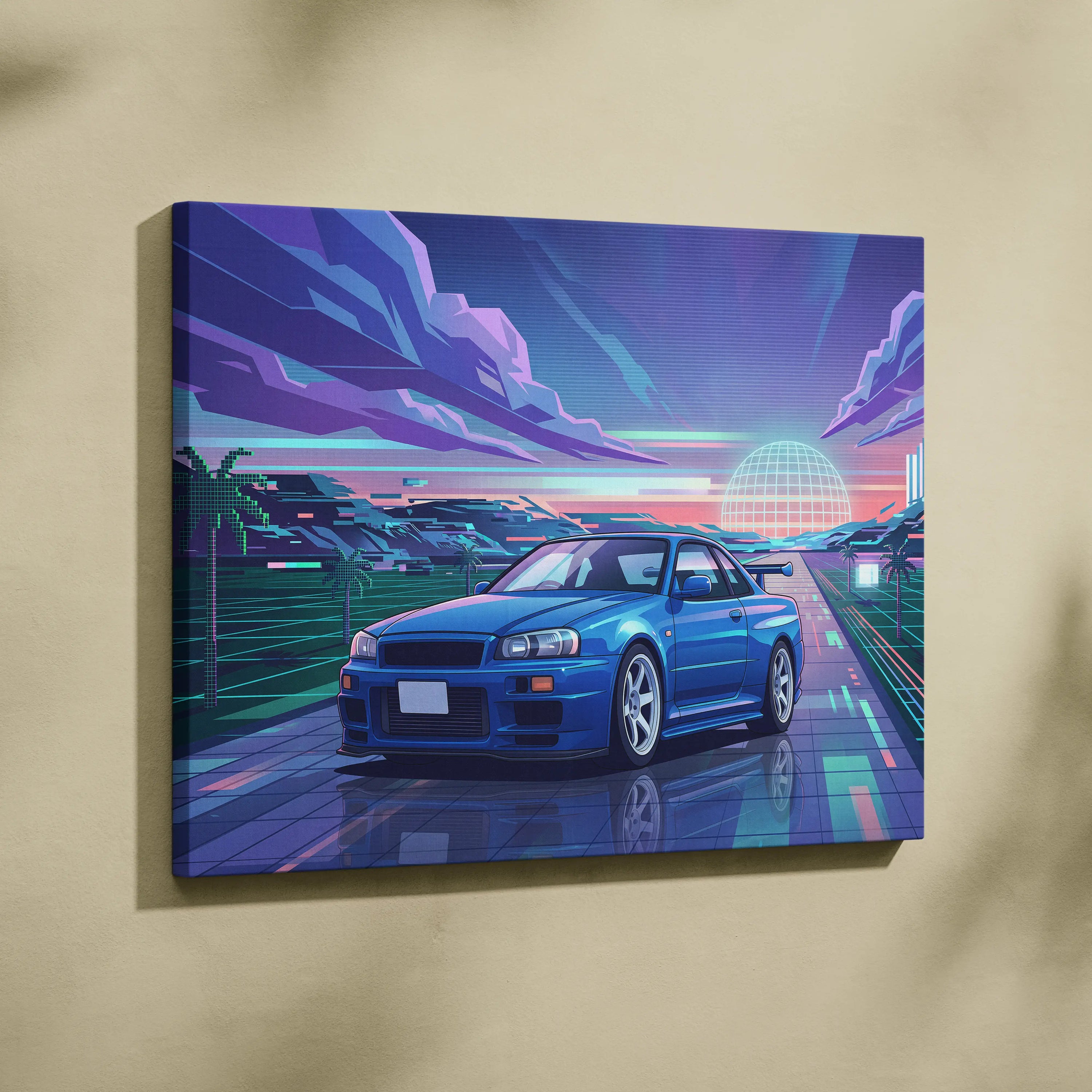 Nissan Skyline GT-R R34 Inspired Blue Purple Canvas Wall Art Vaporwave Neon City JDM Car Artwork, Retro Sunset Garage Decor