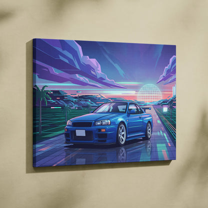 Nissan Skyline GT-R R34 Inspired Blue Purple Canvas Wall Art Vaporwave Neon City JDM Car Artwork, Retro Sunset Garage Decor