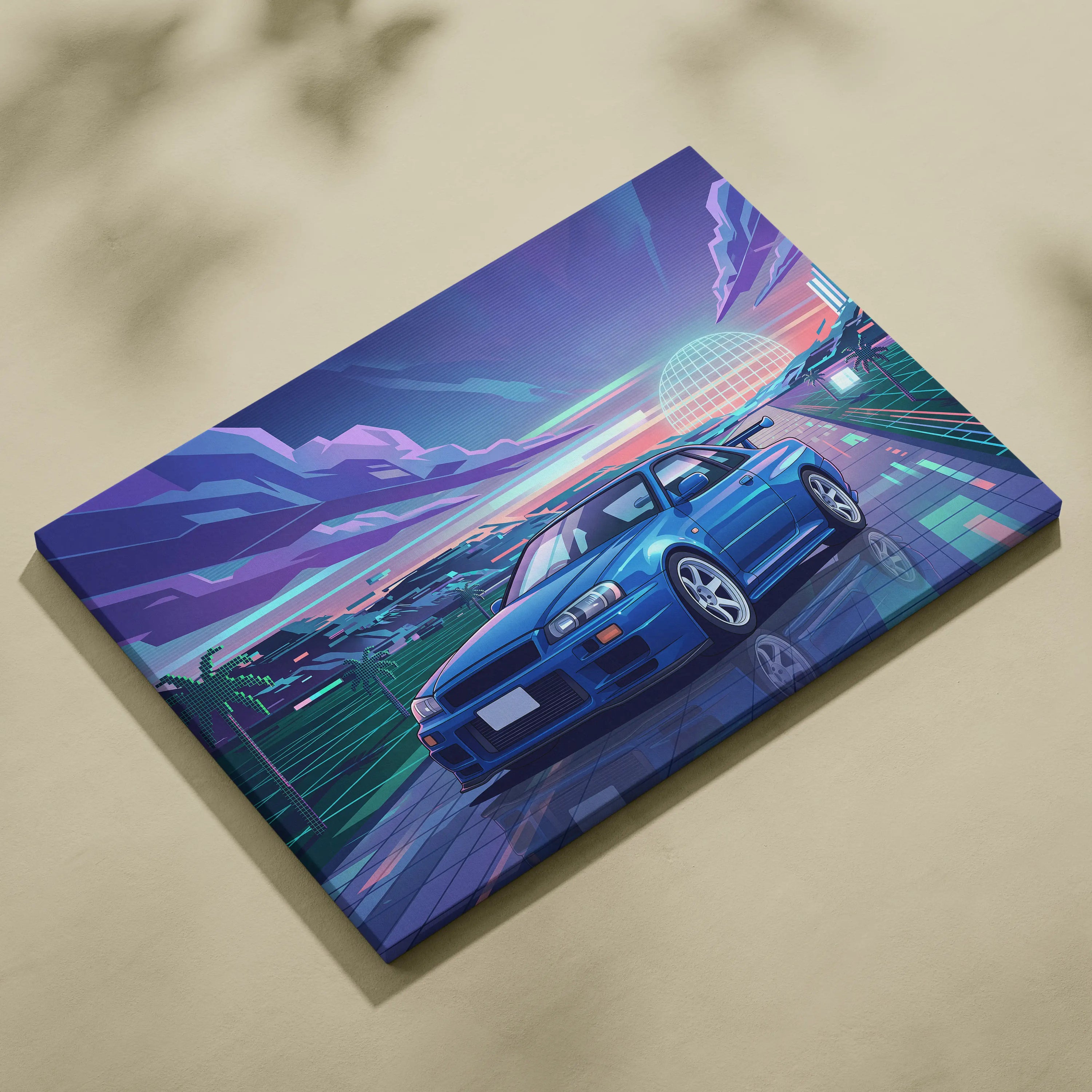 Nissan Skyline GT-R R34 Inspired Blue Purple Canvas Wall Art Vaporwave Neon City JDM Car Artwork, Retro Sunset Garage Decor