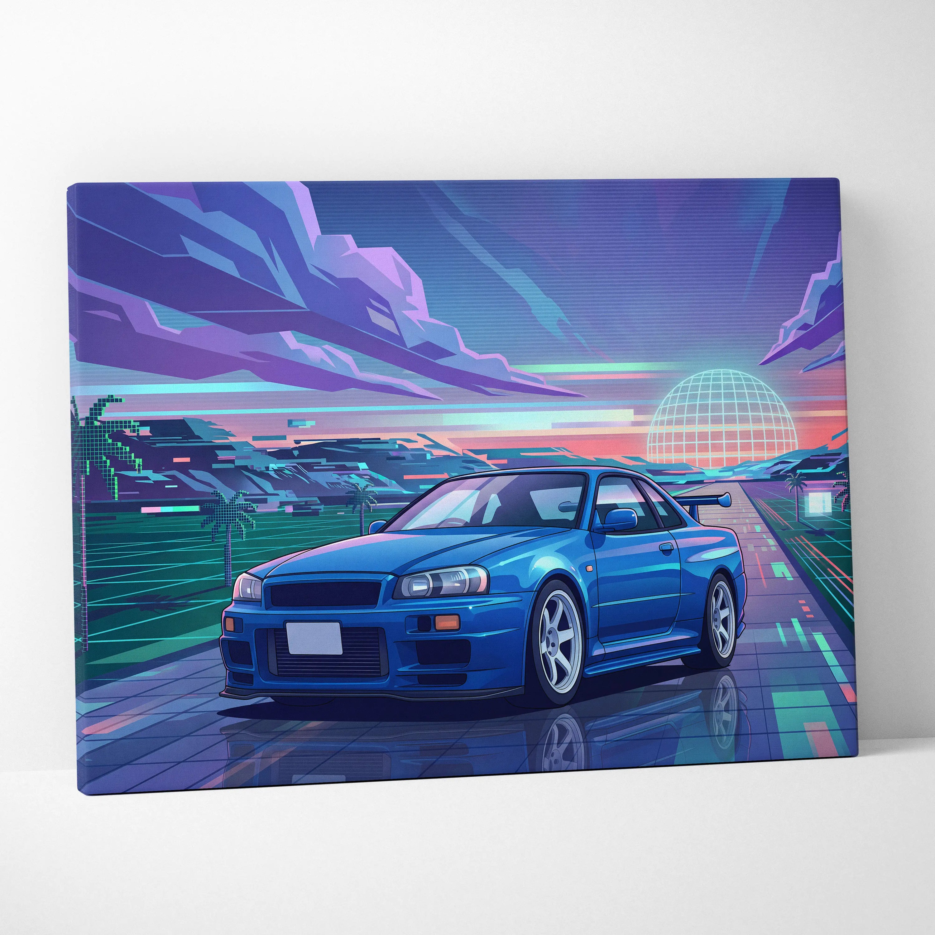 Nissan Skyline GT-R R34 Inspired Blue Purple Canvas Wall Art Vaporwave Neon City JDM Car Artwork, Retro Sunset Garage Decor