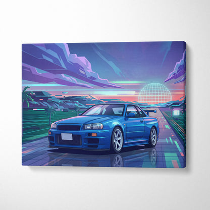 Nissan Skyline GT-R R34 Inspired Blue Purple Canvas Wall Art Vaporwave Neon City JDM Car Artwork, Retro Sunset Garage Decor