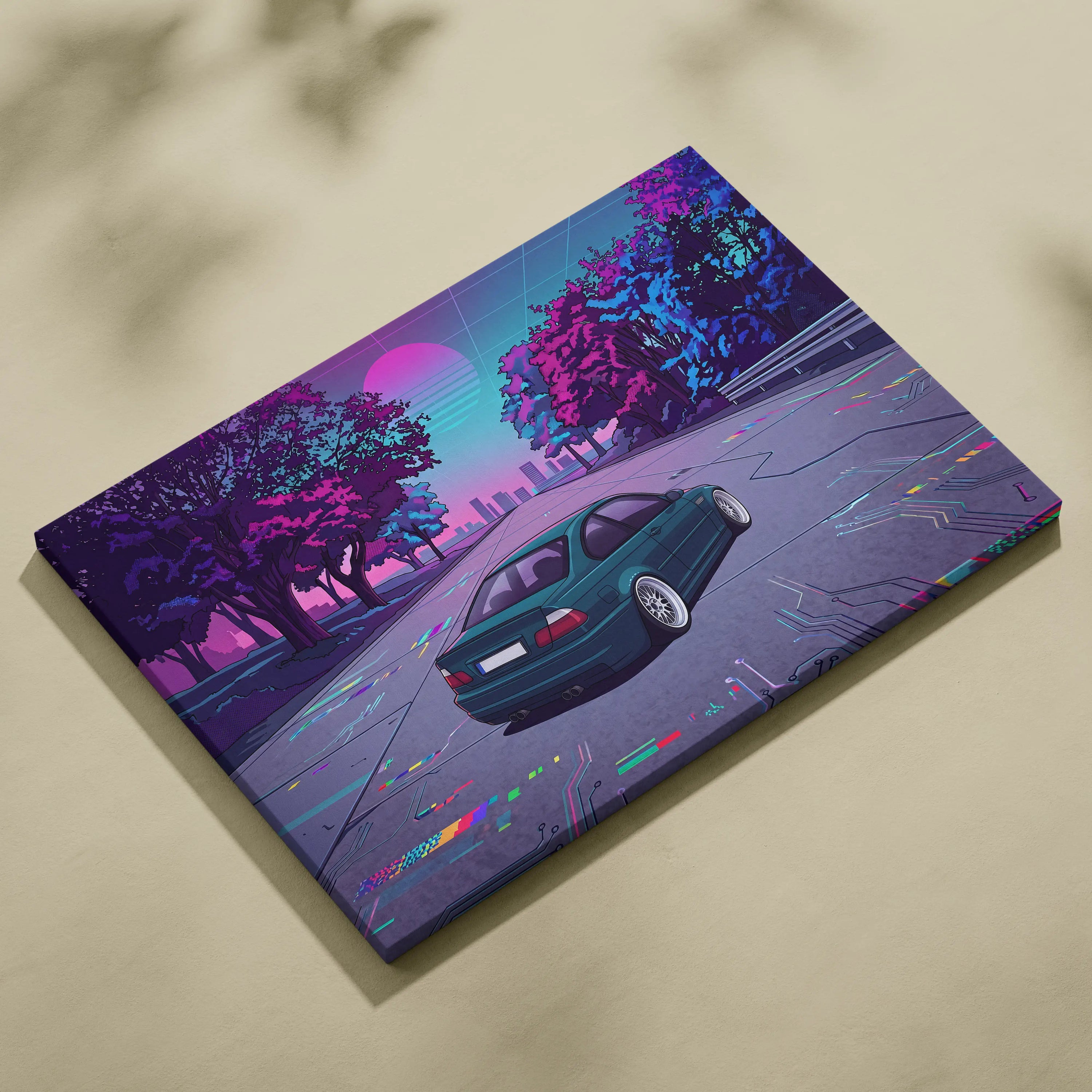 BMW M3 Inspired Vaporwave Car Canvas - Car Artwork Neon Pink Teal Living Room Retro-Futurism Mood Nostalgia Vaporwave Canvas