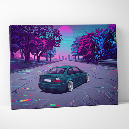 BMW M3 Inspired Vaporwave Car Canvas - Car Artwork Neon Pink Teal Living Room Retro-Futurism Mood Nostalgia Vaporwave Canvas