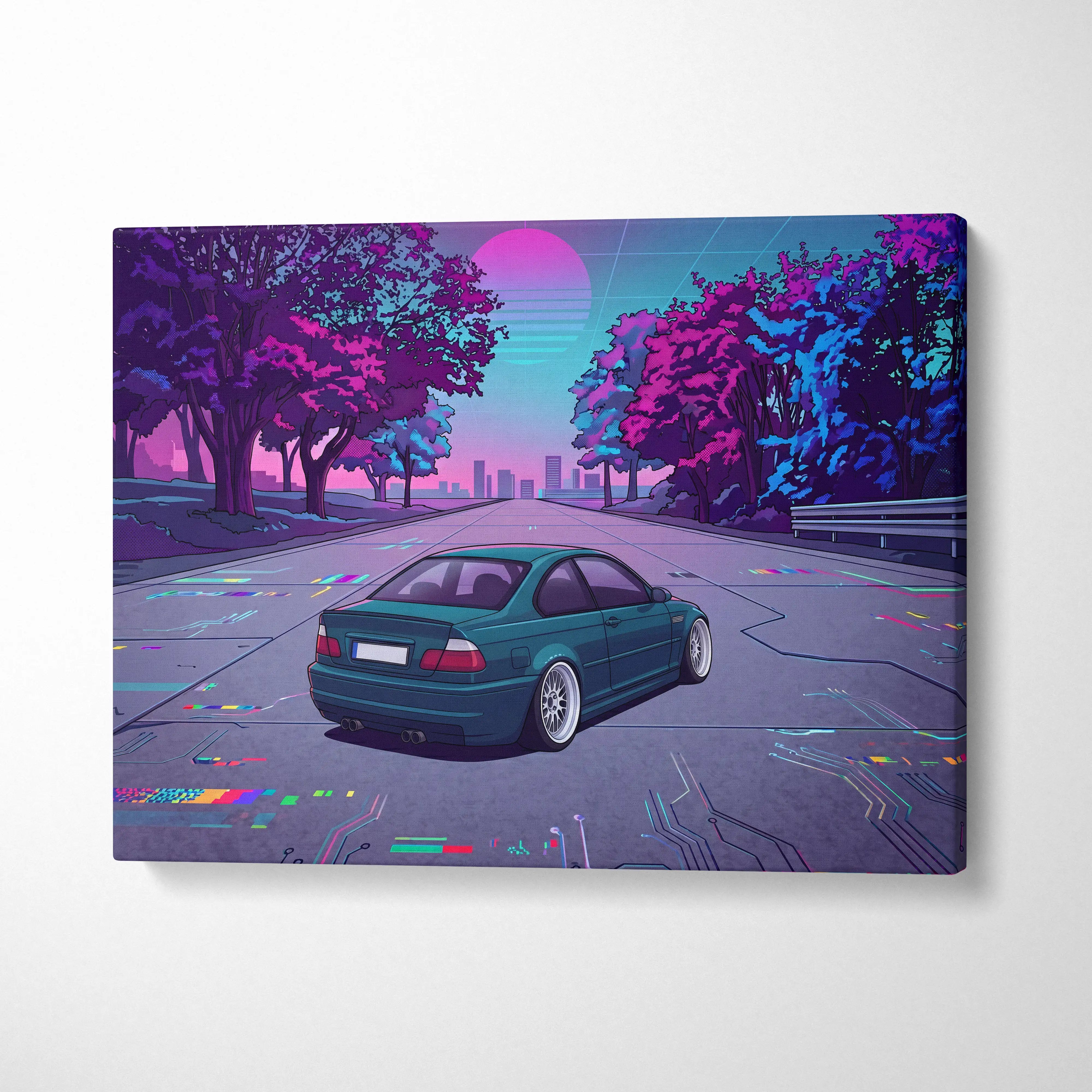 BMW M3 Inspired Vaporwave Car Canvas - Car Artwork Neon Pink Teal Living Room Retro-Futurism Mood Nostalgia Vaporwave Canvas