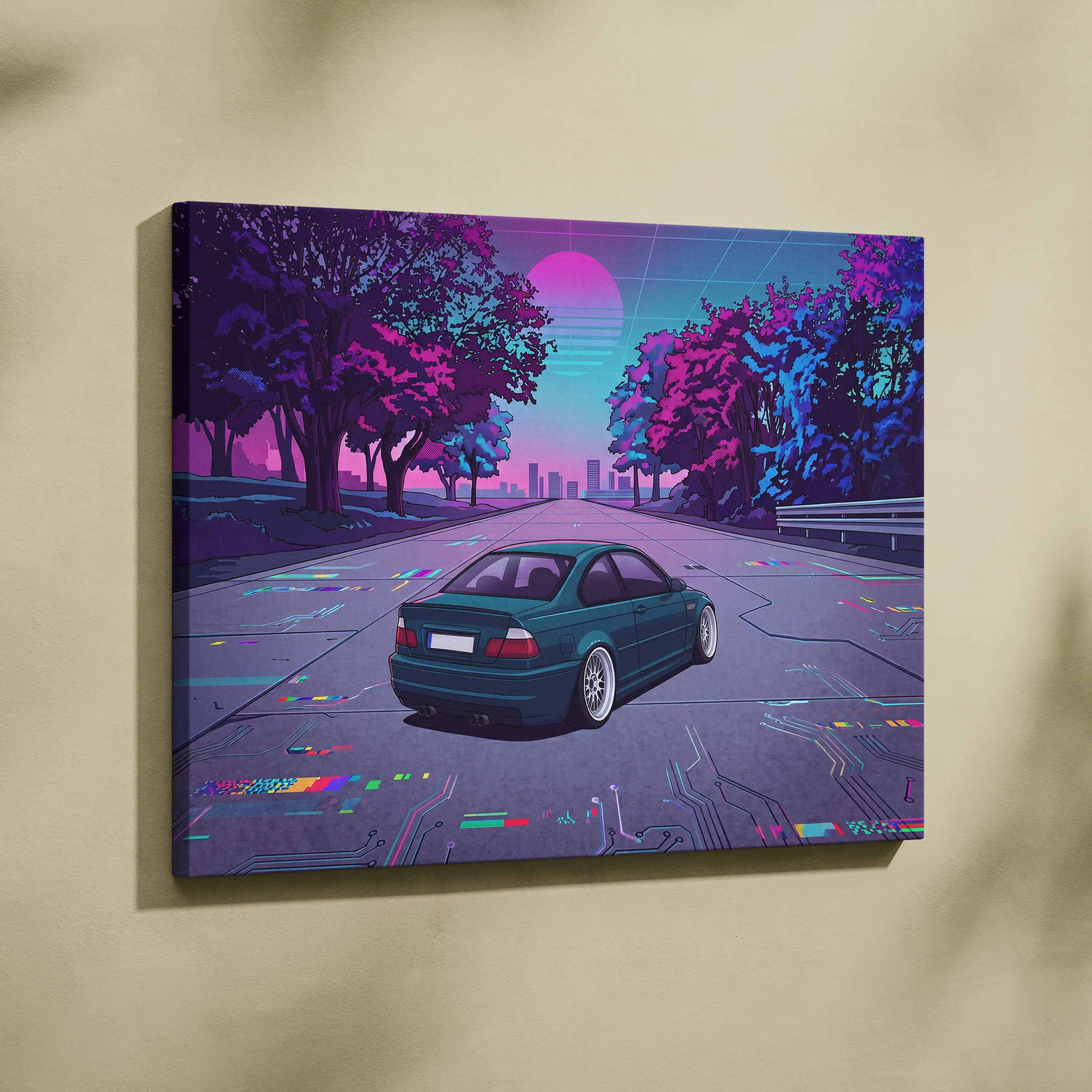 BMW M3 Inspired Vaporwave Car Canvas - Car Artwork Neon Pink Teal Living Room Retro-Futurism Mood Nostalgia Vaporwave Canvas