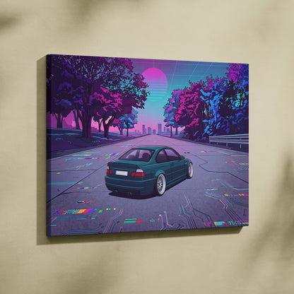 BMW M3 Inspired Vaporwave Car Canvas - Car Artwork Neon Pink Teal Living Room Retro-Futurism Mood Nostalgia Vaporwave Canvas