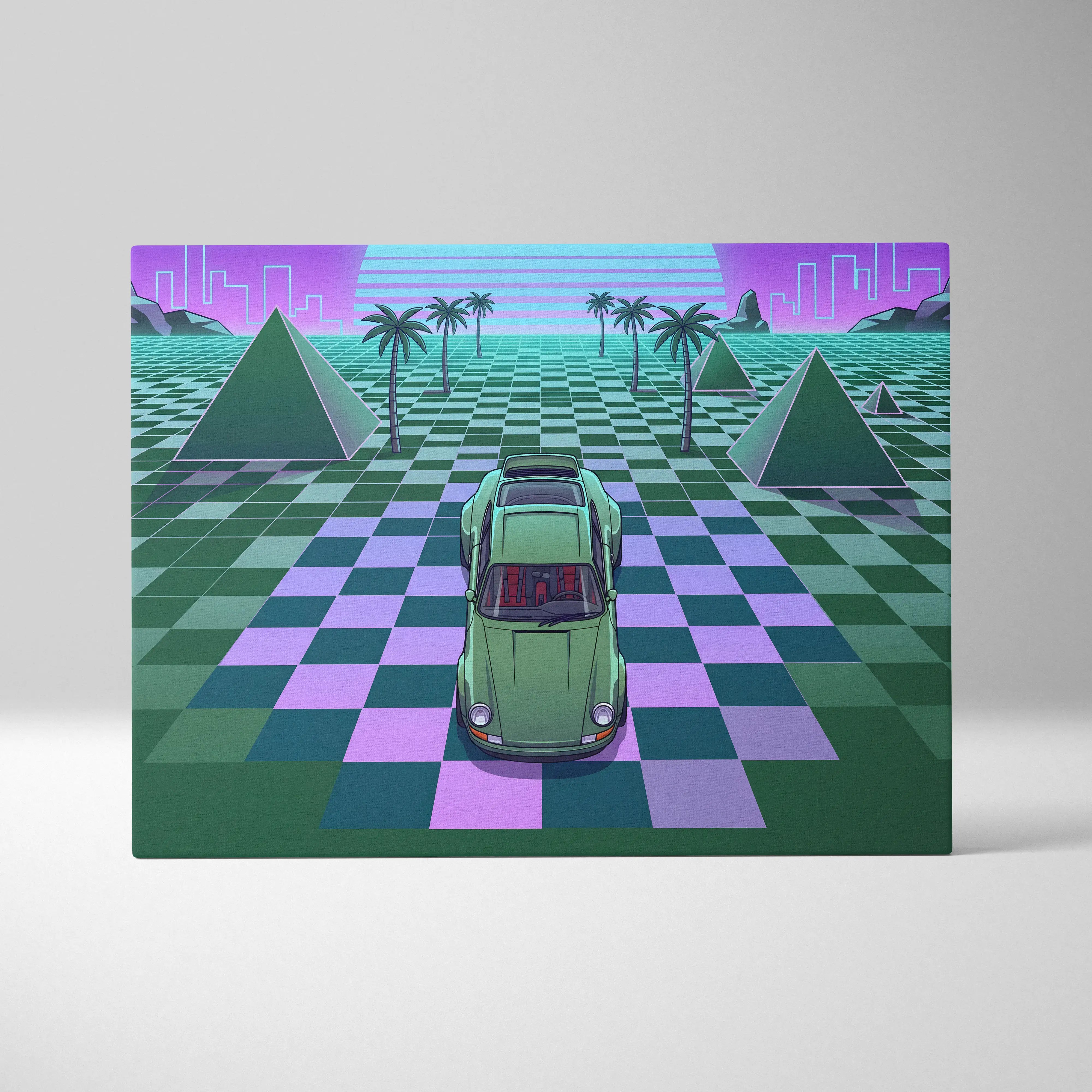 Porsche 911 classic turbo inspired canvas wall art featuring a mint green vintage sports car on neon checkerboard floor
