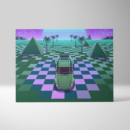 Porsche 911 Classic Turbo Inspired Green Purple Canvas Wall Art, Vaporwave Sports Car Artwork, Neon Grid Garage Decor, Retro Futuristic Auto Print
