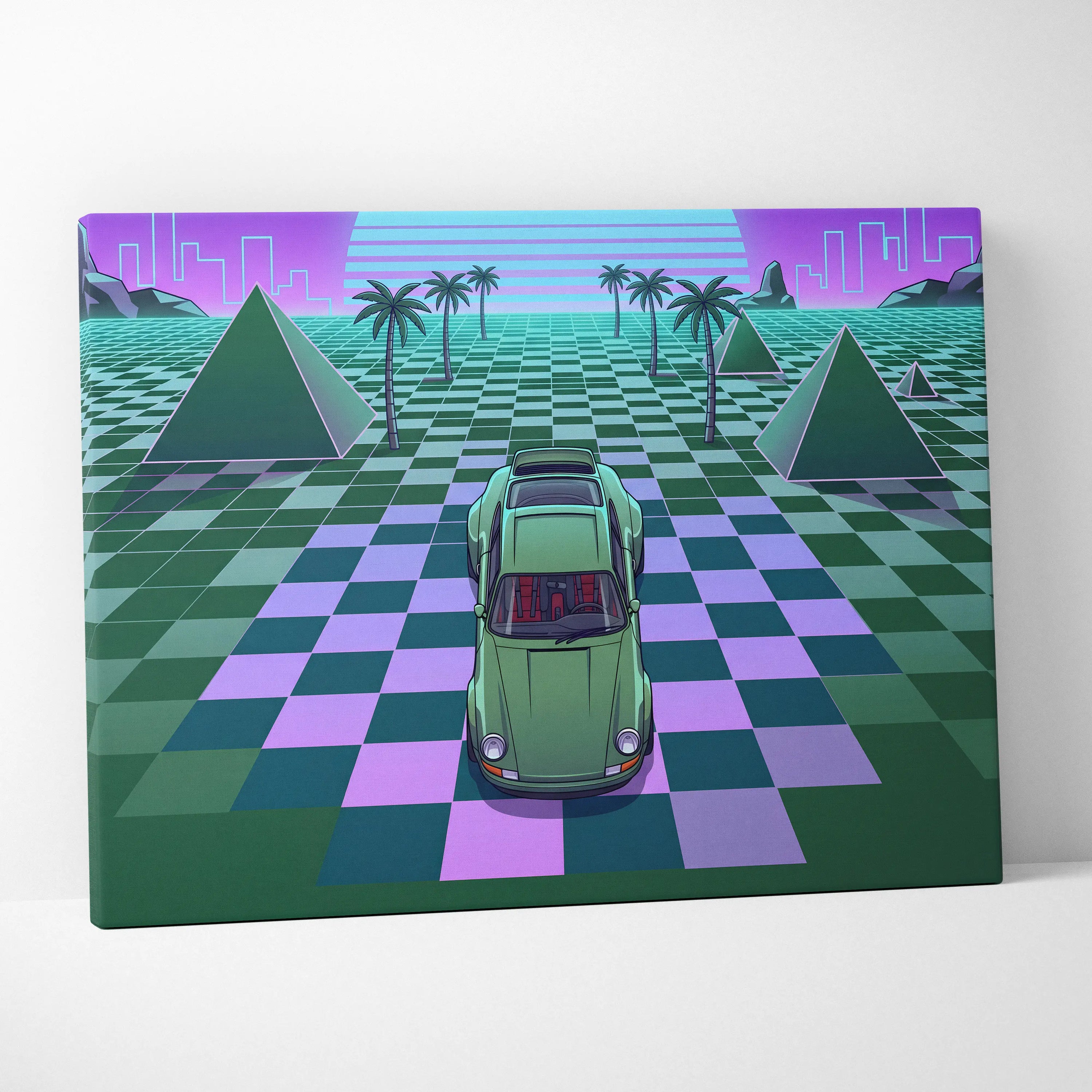 Porsche 911 Classic Turbo Inspired Green Purple Canvas Wall Art, Vaporwave Sports Car Artwork, Neon Grid Garage Decor, Retro Futuristic Auto Print