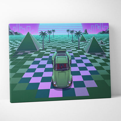 Porsche 911 Classic Turbo Inspired Green Purple Canvas Wall Art, Vaporwave Sports Car Artwork, Neon Grid Garage Decor, Retro Futuristic Auto Print
