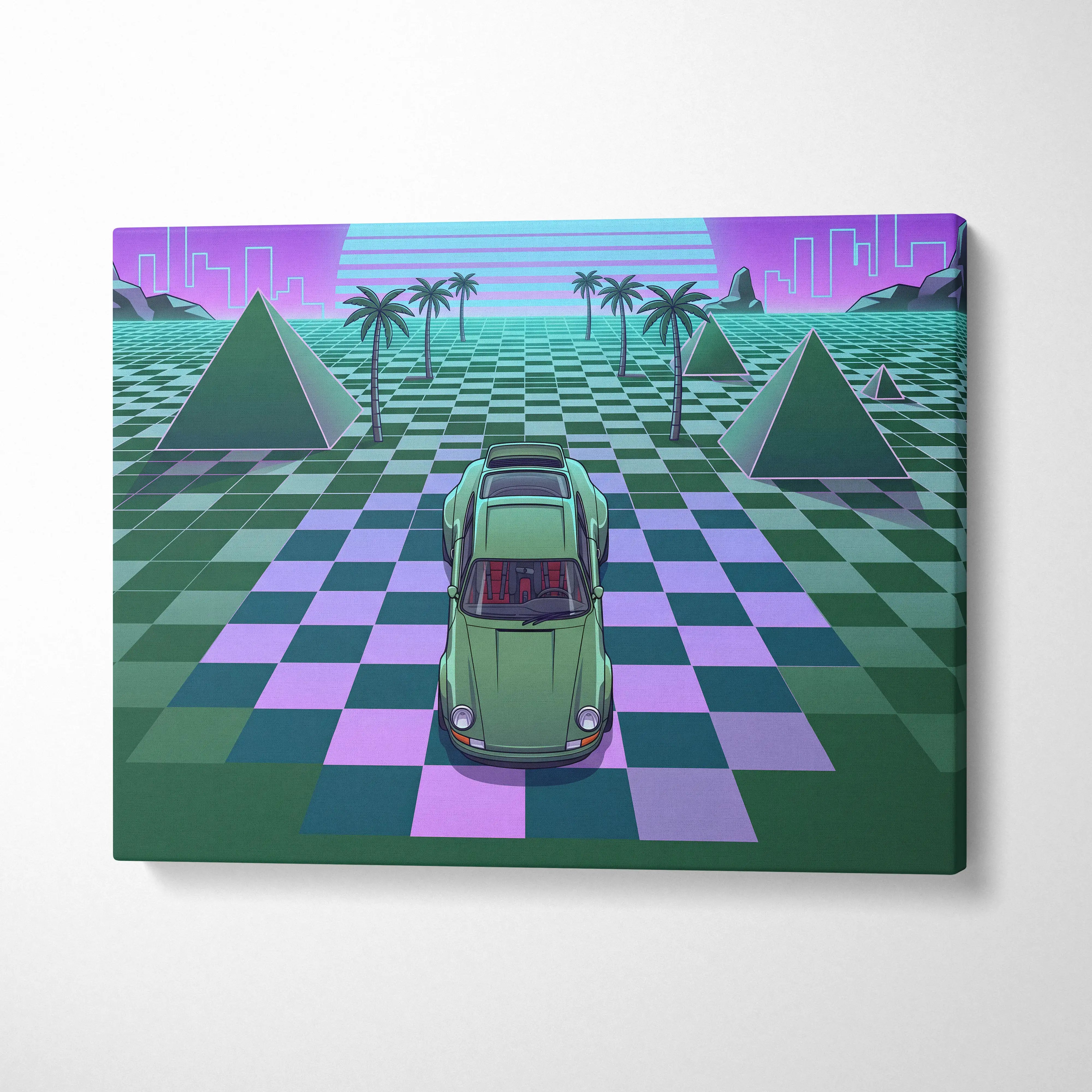 A mint green vintage porsche 911 classic turbo inspired sports car digital art canvas wall decor with vaporwave style