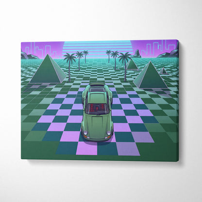Porsche 911 Classic Turbo Inspired Green Purple Canvas Wall Art, Vaporwave Sports Car Artwork, Neon Grid Garage Decor, Retro Futuristic Auto Print